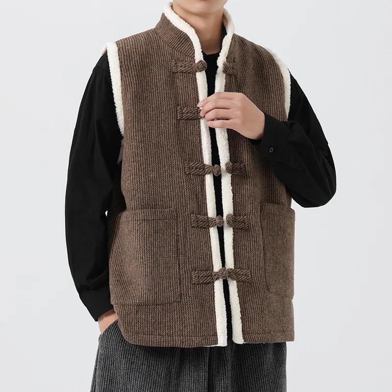 

Мужская свободная толстая хлопковая куртка с подкладкой на зиму 2025 года, мужской ретро-жилет с меховым воротником, жилеты в китайском стиле в стиле пэчворк, мужские жилеты Ханфу 5XL