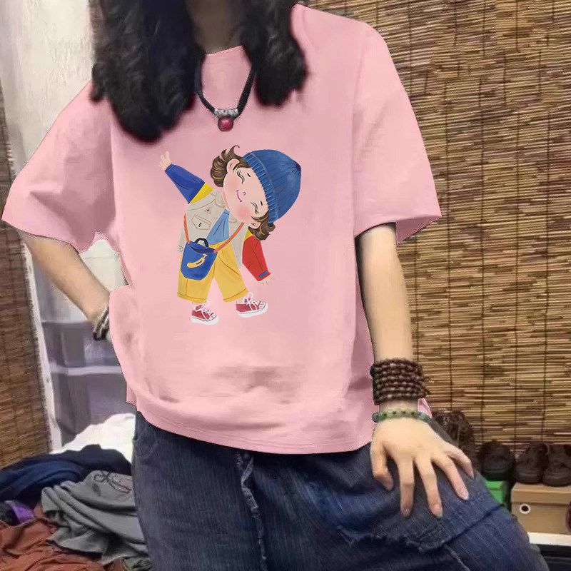 Plus-Size Women's Navy Blue Pure Cotton Short-Sleeve T-Shirt, Summer 2026 New Japanese-Style Cartoon Slimming and Figure-Flattering Top
