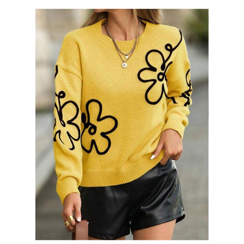 Women S Crew Neck Long Sleeve Flower Jacquard Knit Pullover Sweater