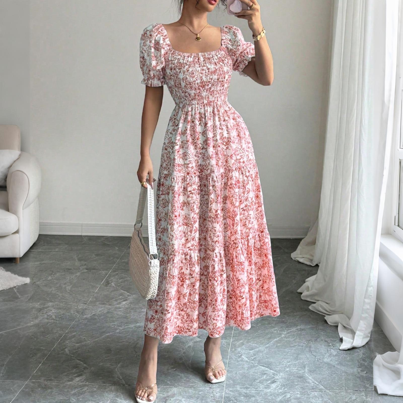 

Women s Floral Print Square Neck Long Dress Summer Waist Cinched Puff Sleeve Midi Dress Casual Lightweight Flowing Dress for Daily Wear S