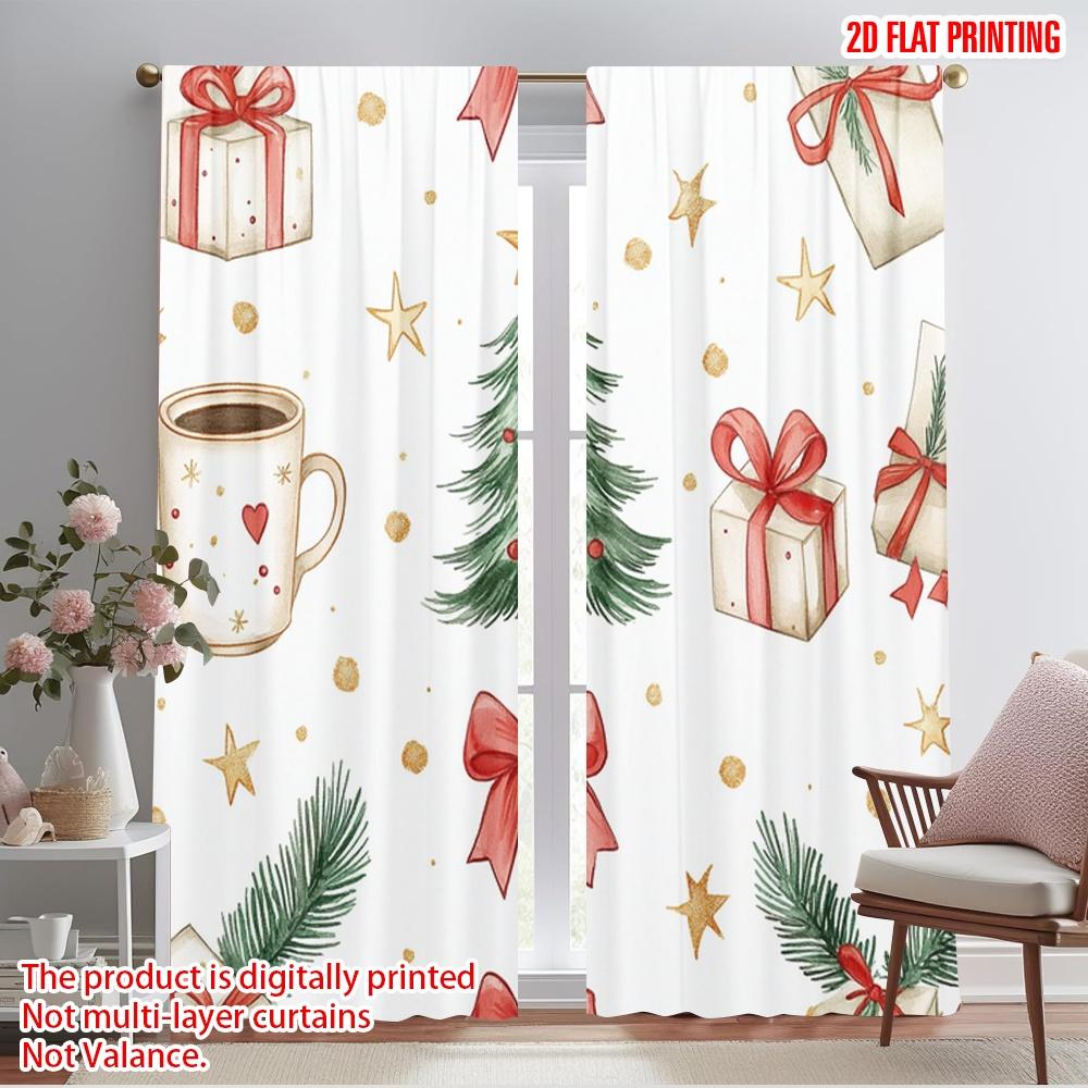

2pcs,2D plane printing Curtain Fabric Christmas Tree Bow Gift Snowflakes (2) Versatile Polyester Fabric (without rod) 52.50×116.00 CM 2pcs