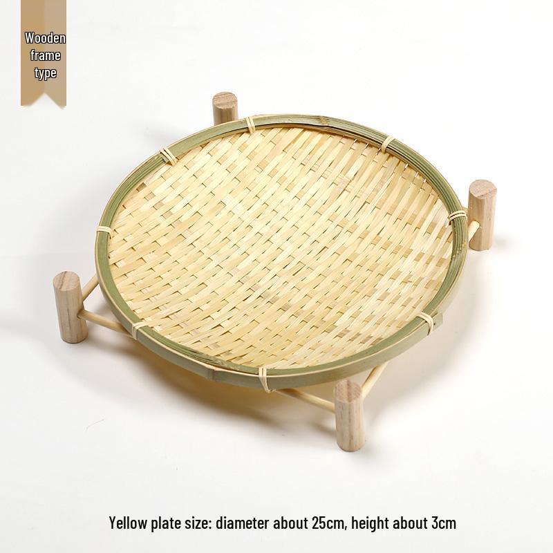 Handmade Bamboo Woven Basket Set - Round Winnowing Basket and Snack Plate for Hotel or Restaurant Use