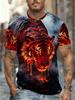 Men'S Tiger And Fire Print Short Sleeve T-Shirt - Polyester Breathable Quick-Dry, Trendy Streetwear Style Men'S Stylish Casual Round-Neck Patterned
