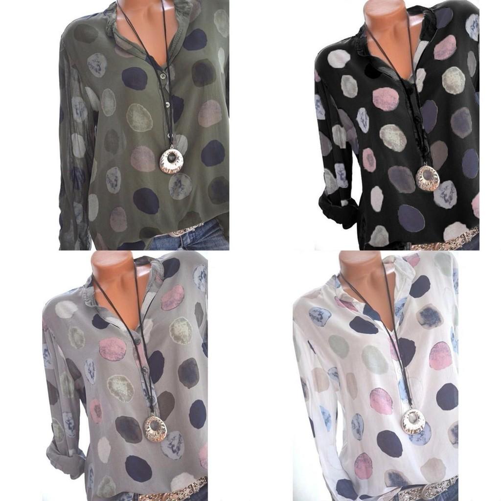 Elegant Women Fashion Polka Dots Print Chiffon Blouse With Long Shirt Sleeves