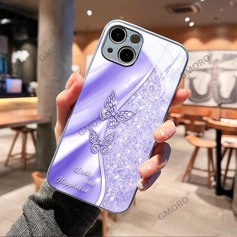 Light luxury flash diamond butterfly mobile phone case Apple 14promax metallic paint glass case iPhone17pm protective case