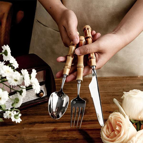 4PCS Creative Bamboo Handle Stainless Steel Tableware With Steak Knives Flatware Knives Set Includes Dessert Spoon Forks