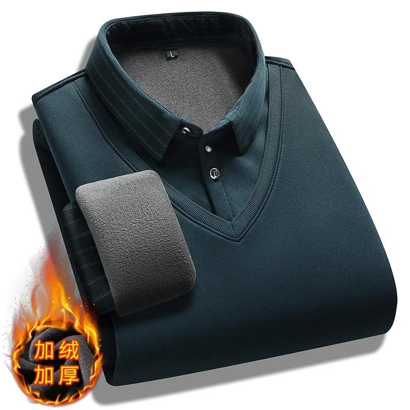 Męski sweter dzianinowy z fałszywym dwuczęściowym fasonem 2025 Zima Ciepły top Pogrubiony aksamitny polarowy podszewka Kołnierzyk koszulowy Sweter Odzież męska