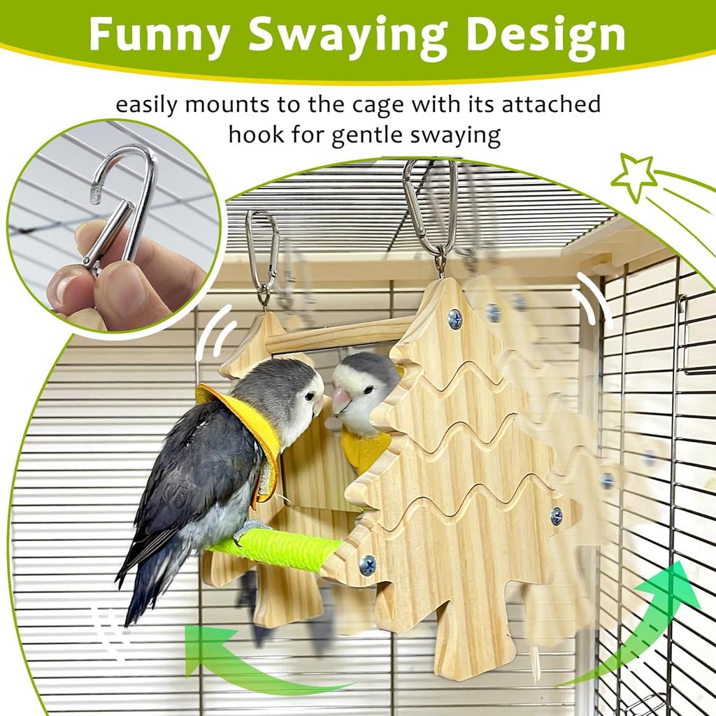Bird Mirror Toy Perch, 2-Sided Hd Parakeet Mirrors & 2 Cotton-Wrapped Perches for Multiple Birds, Wooden Frame Hanging Parrot Swing for Cage, Safe No