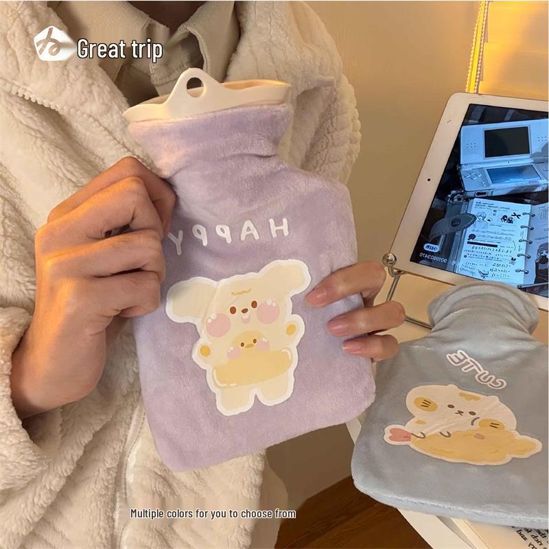 Cartoon Plush Hot Water Bottle with Thickened Cover - Winter Belly and Hand Warmer