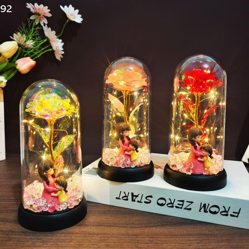 1Pcs LED Light Foil Flower In Acrylic Cover Rose Artificial Flower Acrylic Cover Decor Wedding Valentine's Day Mother's Gift