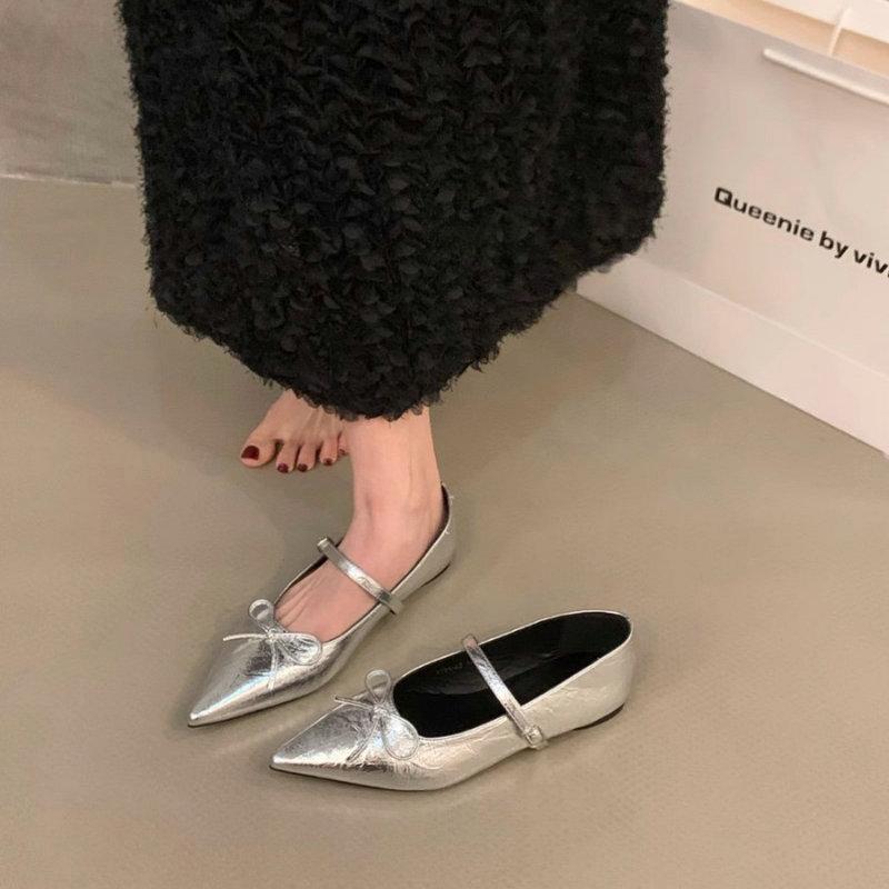 Fashion Flat Shoes for Women Spring and Autumn 2025 Pointed Silver Mary Jane Shoes Loafers Women Ladies Large Size 42 43 44