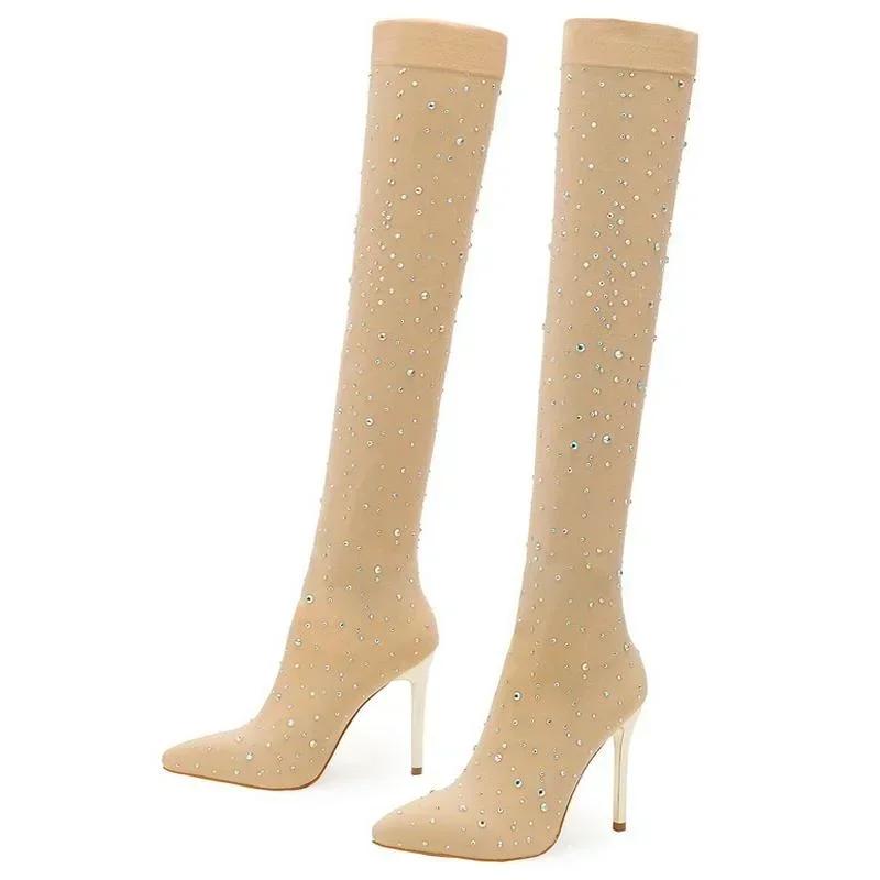 

Women Rhinestone High Thin Heel Long Boots Lady Stretch Fabric Over-the-knee Boots for Office Nightclub Evening Party Banquet 43 абрикосовий