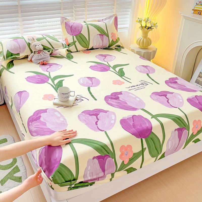 Queen Yatak Çarşaf Takımları Pembe Fiyonk Baskılı Fitted Yatak Çarşafı Kızlar için Tek Çarşaf King Boy Yatak Çarşafları Lastikli