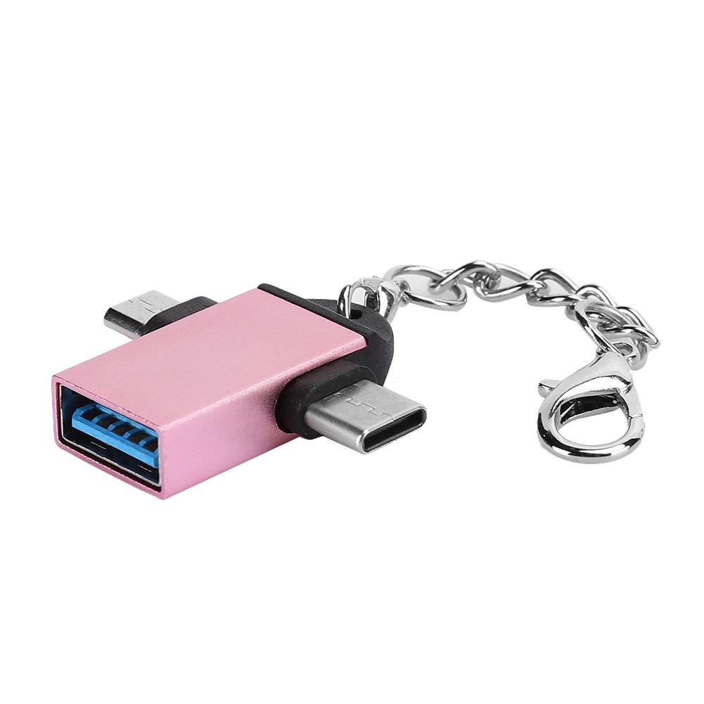 2PCS Aluminium Alloy Shell 2 In 1 OTG Converter USB 3.0 to Micro USB Type C Adapter with Chain for AndroidRose Gold