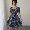 Square Collar Summer Puff Short Sleeve Floral Dress Fashion Elegant Slim Fit A-line Party Short Dress Female Casual Sweet Holiday Clothing
