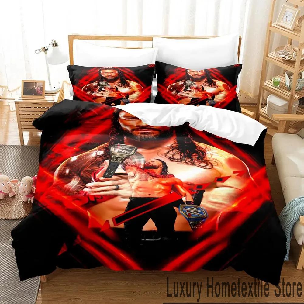 3D-gedrucktes Wrestler-Bettwäsche-Set Roman Reigns für Jungen und Mädchen (Einzel-, Doppel- und Kingsize-Größen) – Bettbezug und Kissenbezug für Erwachsene