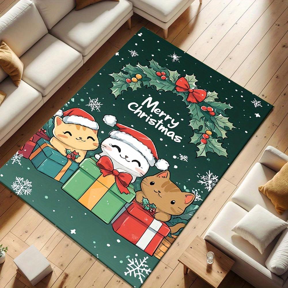1pc Christmas Themed Rug, Three Happy Kittens and Christmas Gifts Print, Bedside Carpet, Non slip Laundry Room Mat, Machine Washable Water A