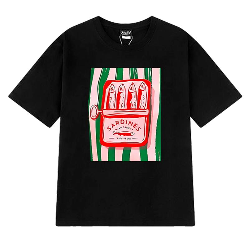

2025 Summer Funny Sardines Can Graphic short sleeve T-shirts Men Women harajuku Fashion black T shirt Unisex 100% Cotton Tops 4XL