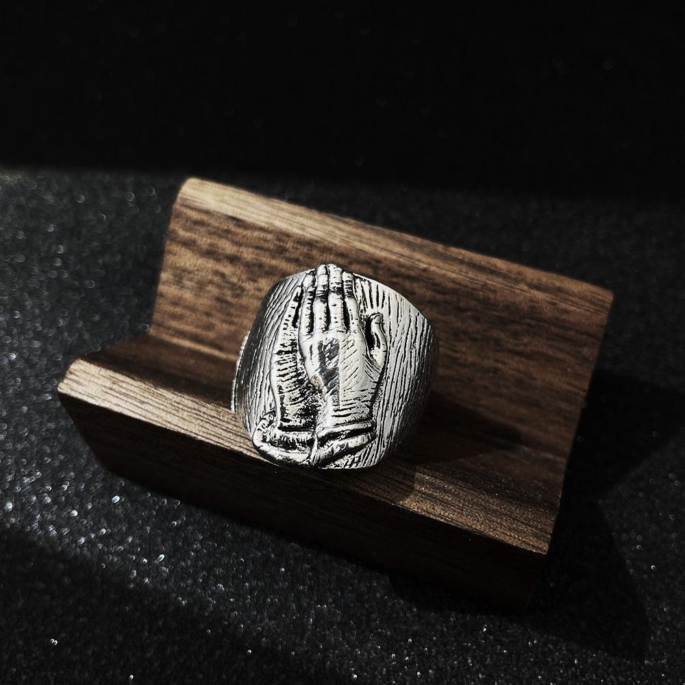 Retro Praying Hands Adjustable Open Ring for Men Women Gothic Punk Biblical Jewelry Unisex Christian Gift Vintage Accessories