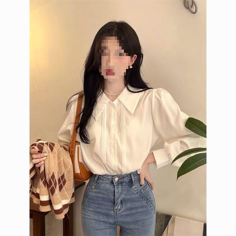 Chic Women's White Shirt with Ruffled Doll Collar and Accordion Pleats, Long Sleeve, Perfect for Autumn and Winter.