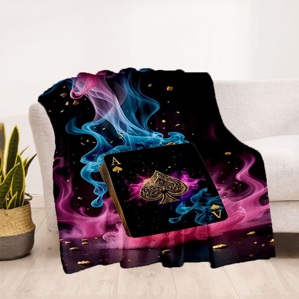 "Golden Ace of Spades Playing Card with Colorful Smoke Effect"Blanket Flannel Throw Blanket for Sofa, Bed, Travel, Camping, Office