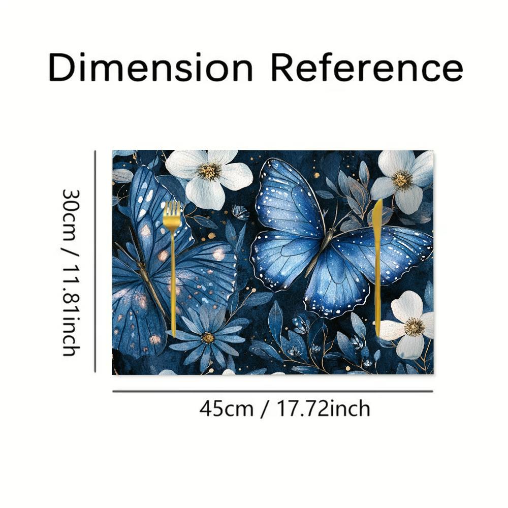 4pcs Blue Butterfly & Floral Placemats 12x18 Inch - Elegant Dark Blue Table Mats with White Flowers & Butterflies, Durable Polyester Fabric