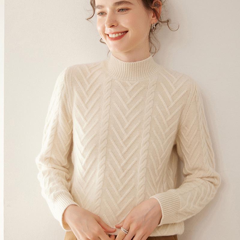 Women's Thickened Cable Knit Cashmere Sweater - Half-High Neck, Loose Fit, Solid Color, Perfect for Autumn and Winter.