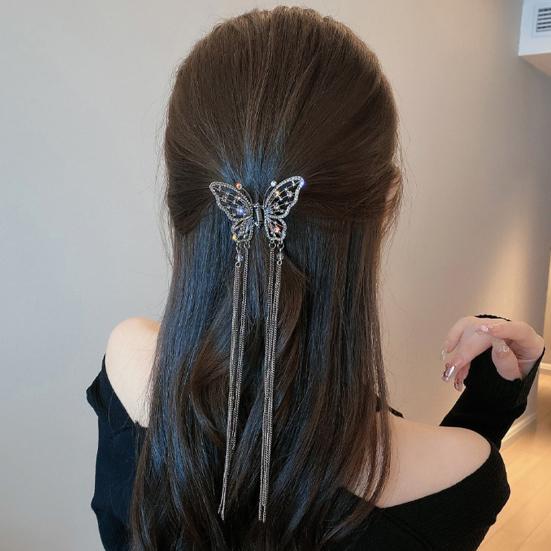 Women Hair Clip Butterflies Shape Long Tassel Hollow Out Rhinestone Faux Pearl Hair Decoration Photograph Prop Anti-slip Bride Lady