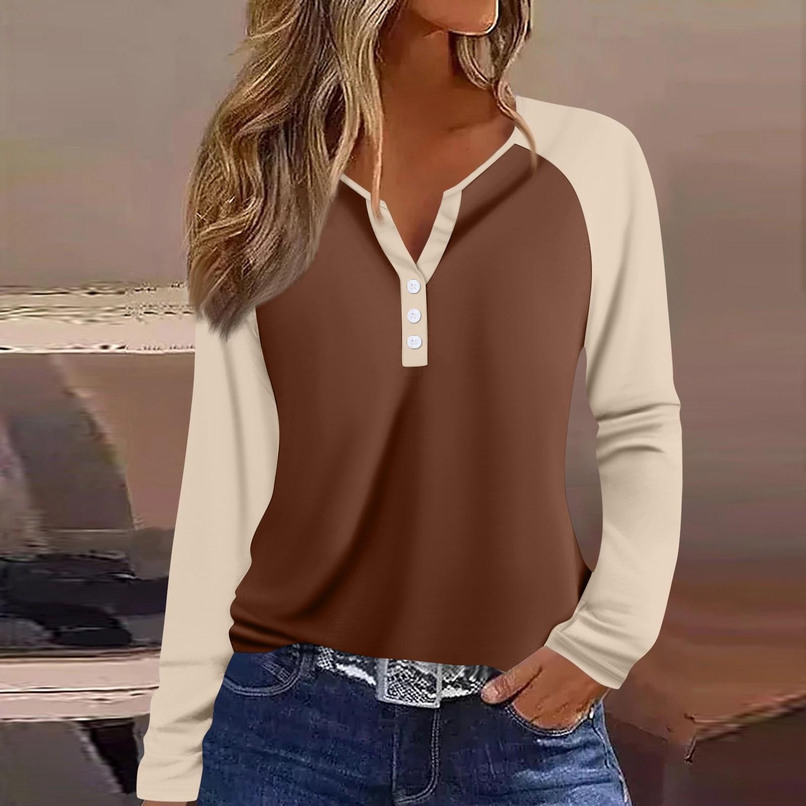 

Женская футболка колор-блок на пуговицах с длинным рукавом, повседневная, для выходных, модная, базовая, с V-образным вырезом, обычная XXL коричневый