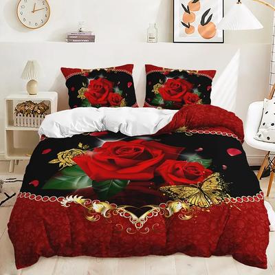 Funda Nórdica Floral Rosa Flores Románticas Juego de Ropa de Cama Funda de Edredón Mariposa Individual Queen Para San Valentín Decoración de Habitación de Boda