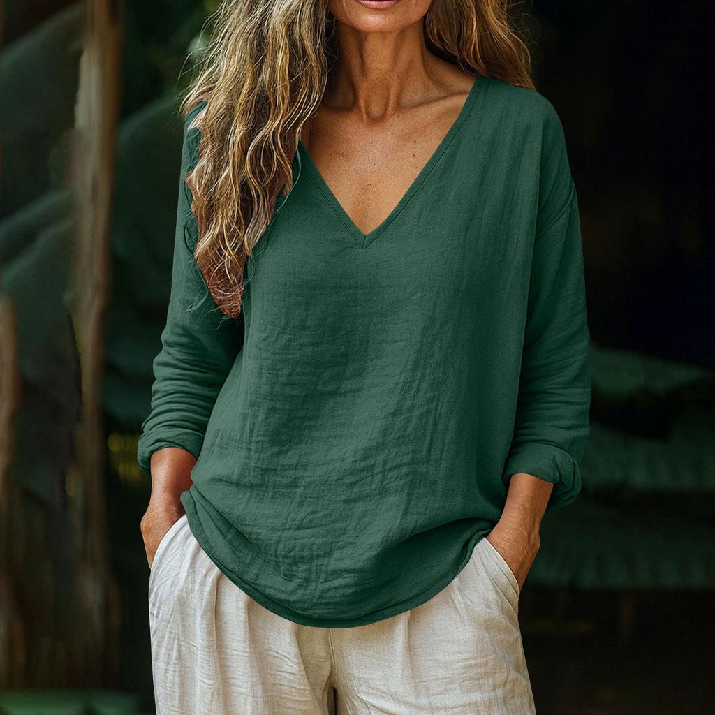 Spring 2026 Women's Casual Loose V-Neck Cotton Linen Long Sleeve Top