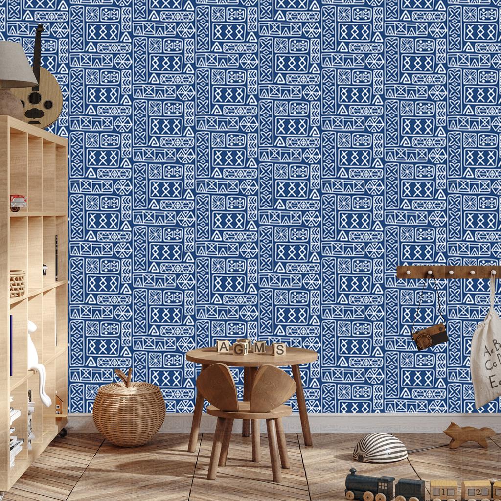Polynesian Geometric Pattern Wallpaper Blue 50x1000