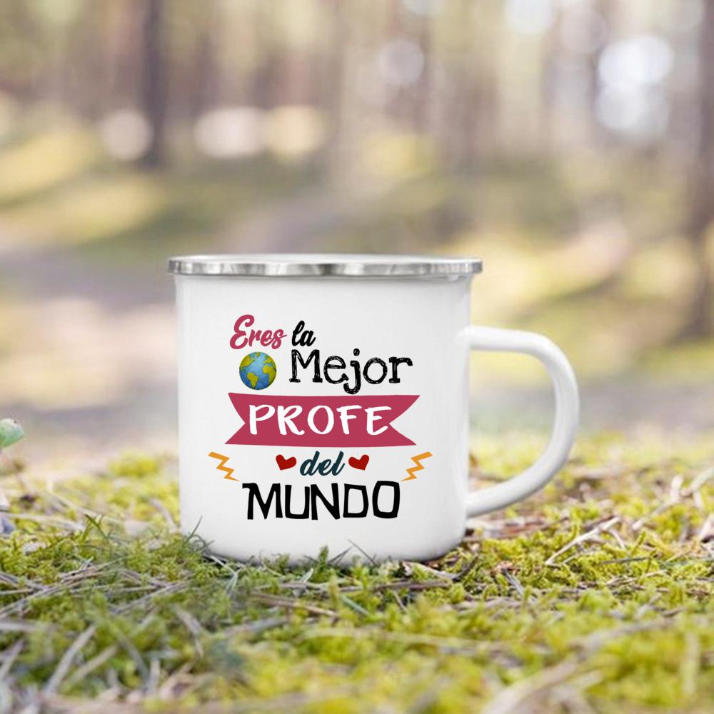 Best Teacher in The World Spanish Printed Mug Creative Coffee Cups Drinks Enamel Cup Vintage Handle Drinkware Gifts for Teacher