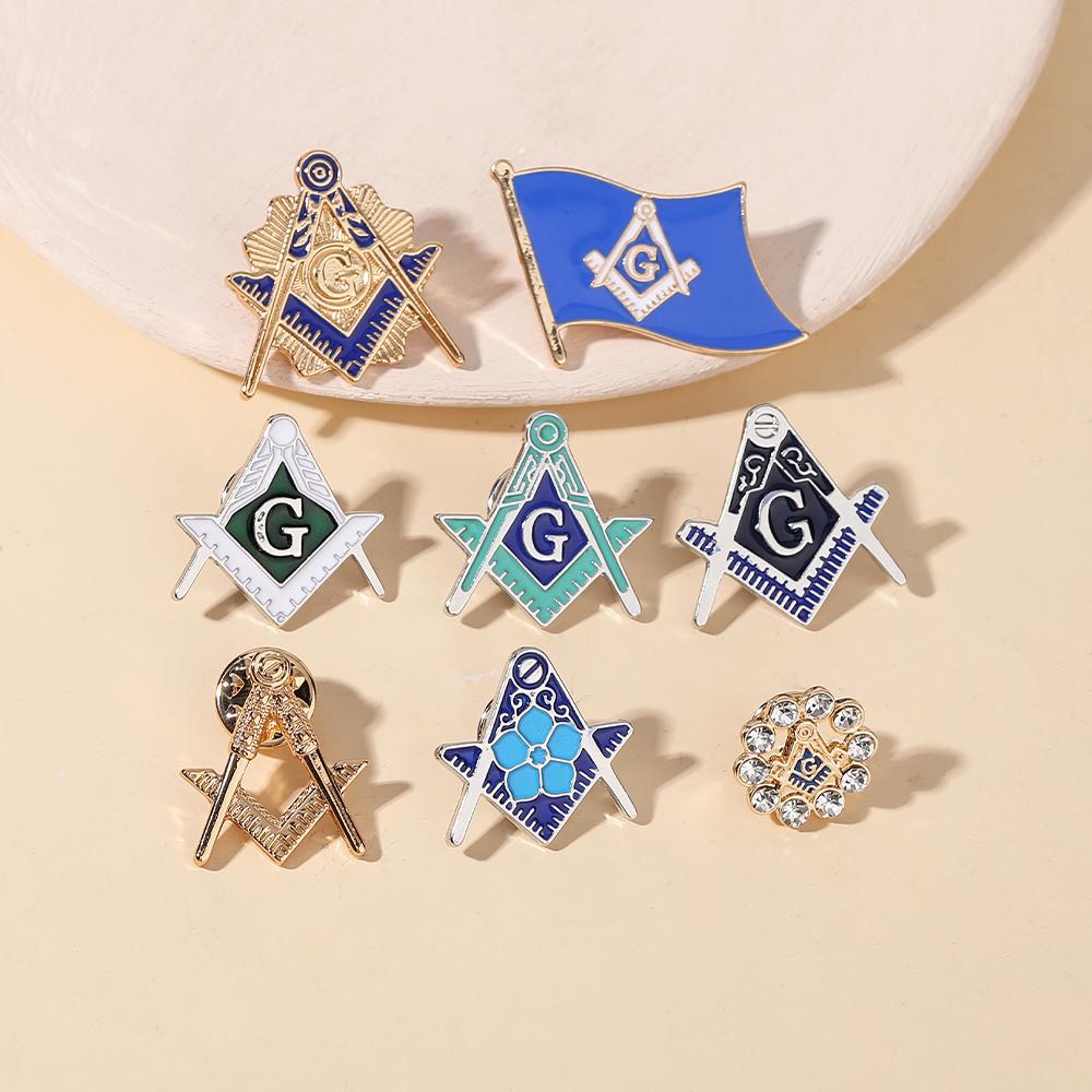 8 Styles Classic Masonic Symbols Enamel Brooches Funny Freemason Emblem Golden Pins