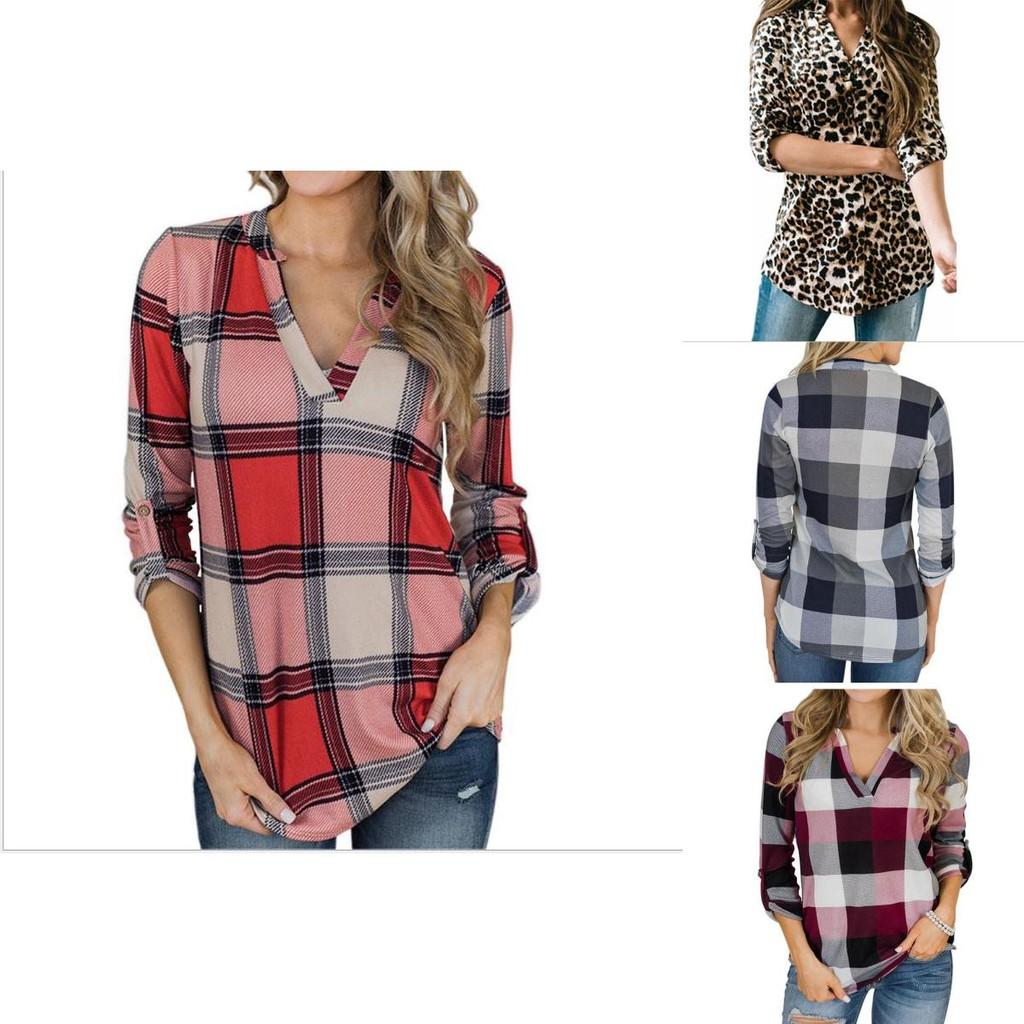 Women Vintage V-neck Loose Tops Long Sleeve Stylish T-shirt With Plaid Casual Design