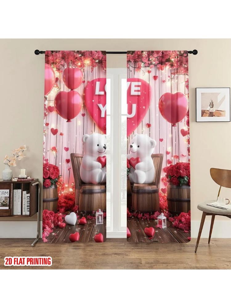 

Plane Printing Curtain Popular Bear Valentines Day Durable Polyester Fabric Without Rod Decorations Inside Curtains Made Of W100*H70(CM)-Hooks&1PCS