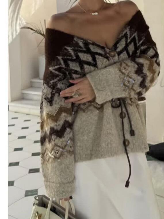 Retro Coffee V-Neck Jacquard Knit Cardigan - Elegant Long Sleeve Button Sweater (2026 European & American Style)