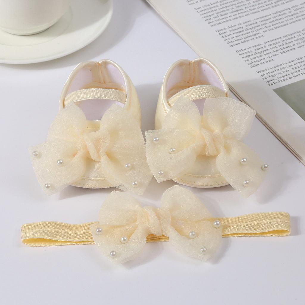Elegant Lace Pearl Tulle Bow Baby Crib Shoes Matching Stretch Headband Set, Non-Slip Flexible Sole Toddler First Walkers Princess Outfit Accessory