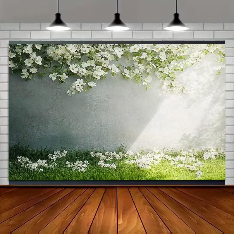 2D Minimalist White Flower and Greenery Themed Backdrop Photo Background Banner