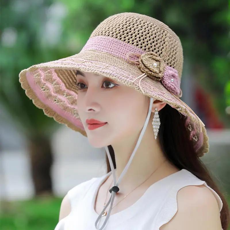 WTEMPO Women's Spring Summer Foldable Washable Sunshade Hats Large Rim Beach Sunscreen Flowers Knitted Hats
