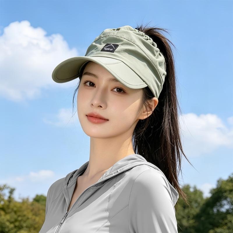 Women's Packable Open-Top Sun Hat Cap, Breathable Nylon Ponytail Style with Front Bill for Hiking and Holiday Travel