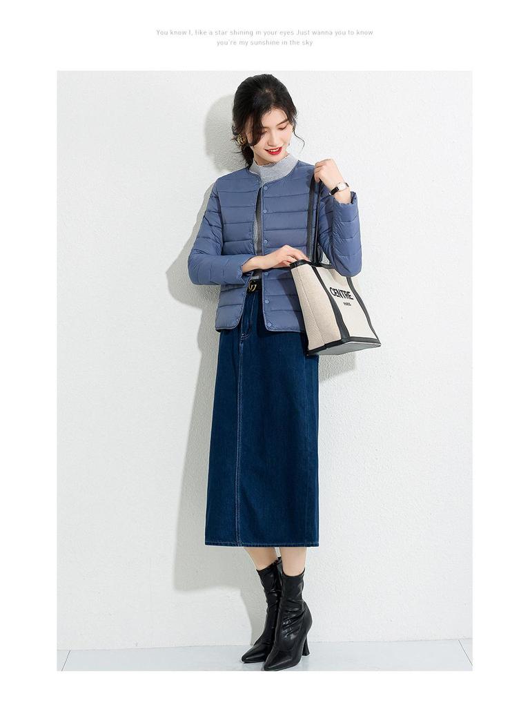 Women's Slim Fit Lightweight Crew Neck Down Jacket - Korean Style Warm Cotton-Padded Coat