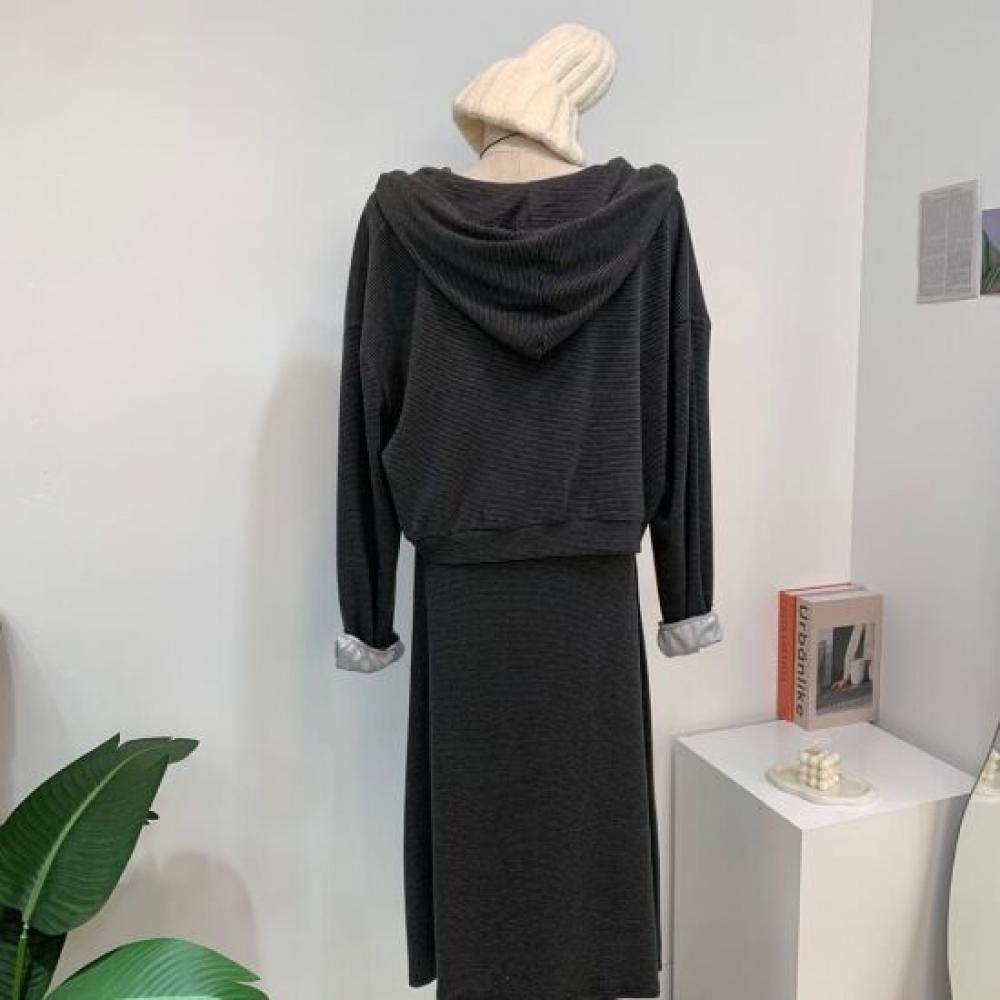 C S In The Room Women Stripe Two Way Hooded Zip Up Long dreSS Set 2Color