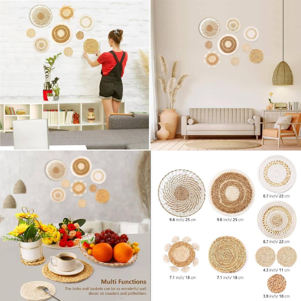 Basket Coaster Boho Set Hanging Woven Wall Decor Handmade Pendant Decoration