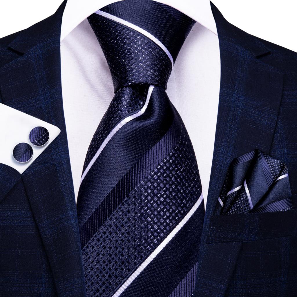 Hi-Tie Navy Blue Striped Silk Wedding Tie For Men Fashion Design Gift Men Necktie Hanky Cufflink Set Business Party Dropshiping