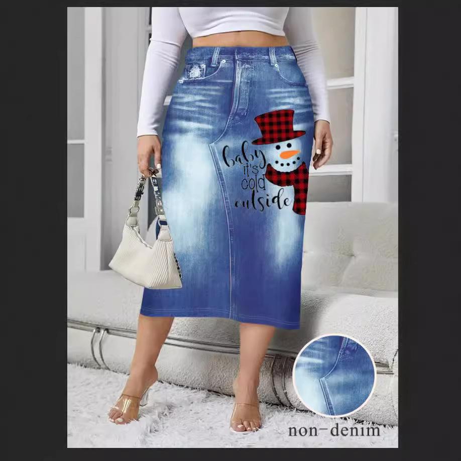 Women's Spring Autumn Elegant Modest Plus Size Skirts Fashion Women Silm Fit Dress Imitation Denim Print Bag Hip Skirt