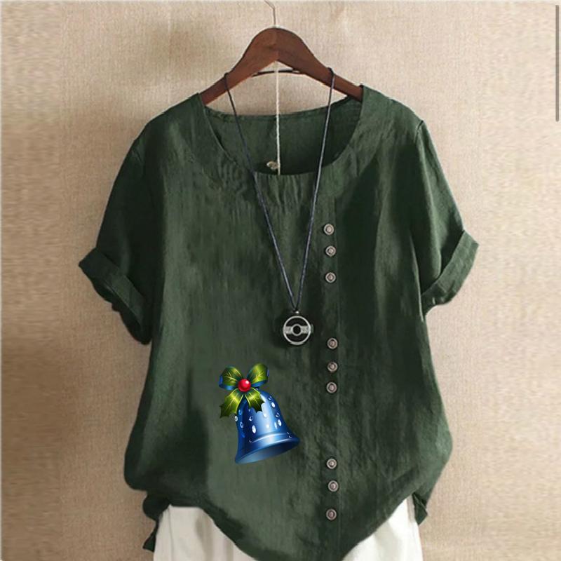 Women's Fashion Small Bell Prined Round Neck Short Sleeve T-shirt Casual Cotton Linen Graphic Shirt Leisure Loose Summer Blouse Tops