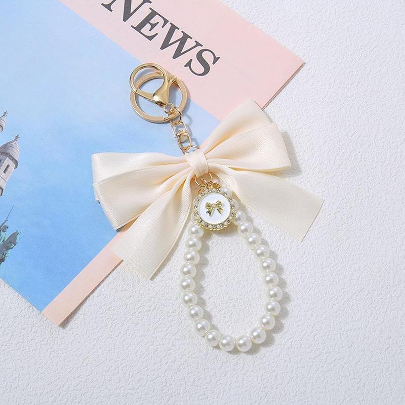 1PC Women Elegant Simulated Pearl Bow Wristlet Keychain Cute Aesthetic Bead Keychains Bag Charms for Handbags