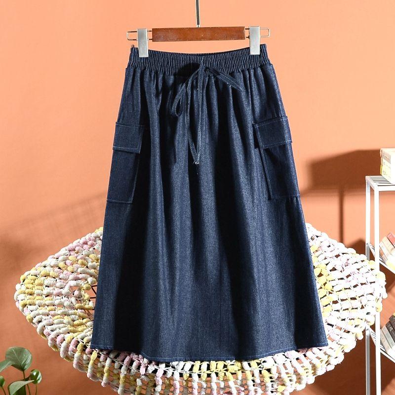 

WTEMPO Женская джинсовая юбка с эластичной талией и вышивкой Юбка-трапеция для девочек Юбки миди из джинсовой ткани One size