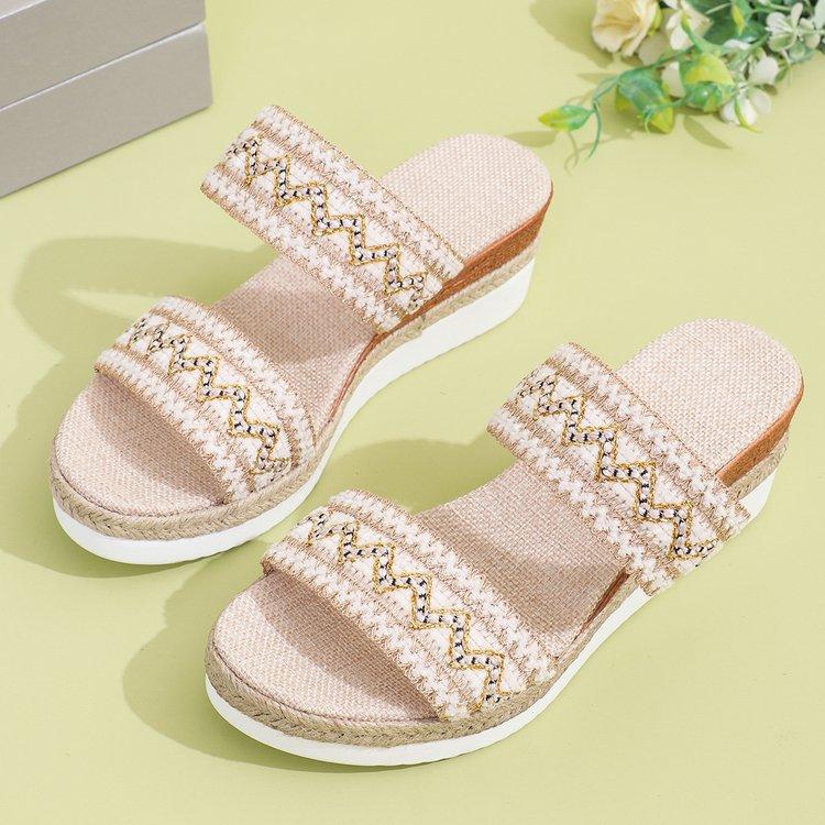 Sandale Boho de Vară Noi pentru Femei, Lățime Mare, cu Degetul Plat, Pânză, Jută, Pană, Curele Antiderapante, Mărimi Mari, Pantofi Casual